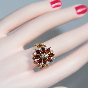 Garnet and Cubic Zirconia Flower Shape Gold  Ring